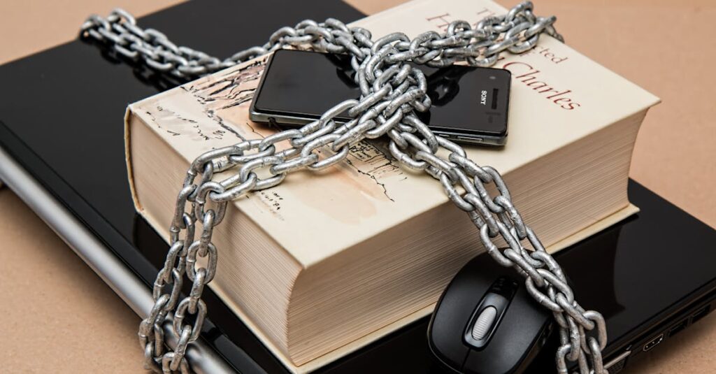 Chain-locked book, phone, and laptop symbolizing digital and intellectual security.